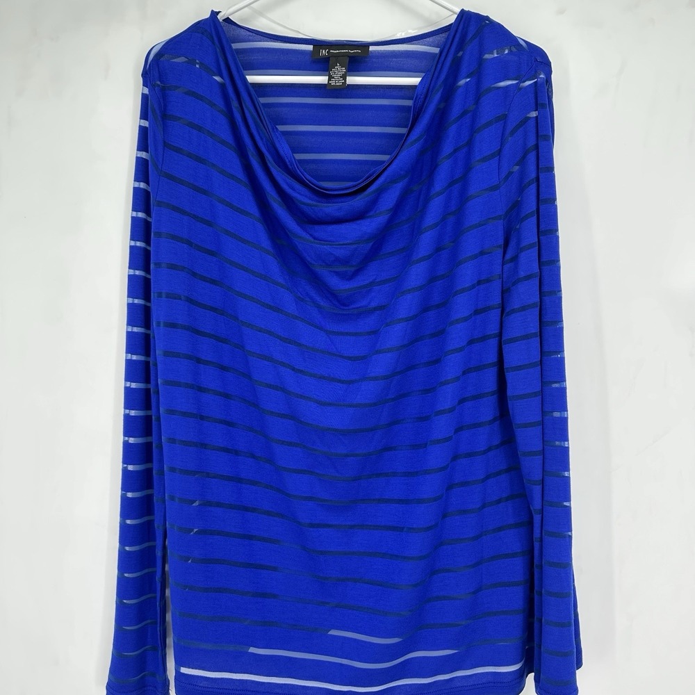 INC Women's Blue Sheer Stripe Cowl Neck Top L Elegant Office Chic Minimalist - Picture 7 of 9